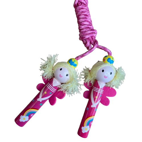Pink skipping rope with wooden fairy handles.
