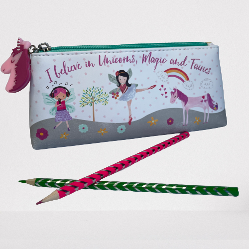 Childrens pencil case with unicorns and fairies.