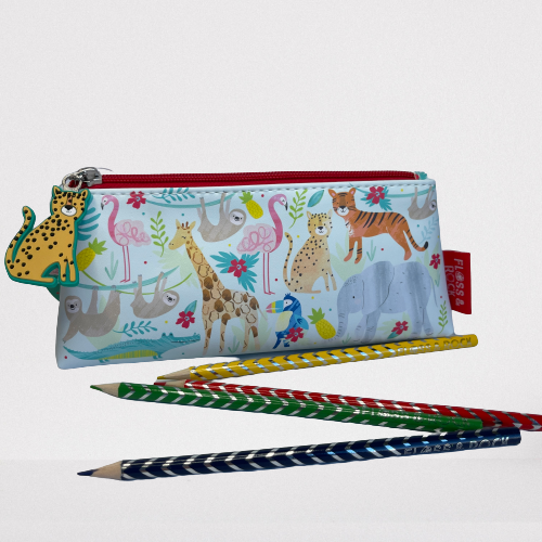 Kids white pencil case with jungle animal print.