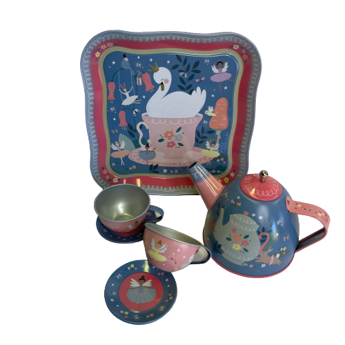 Childrens tin tea set with swan and fairy design.