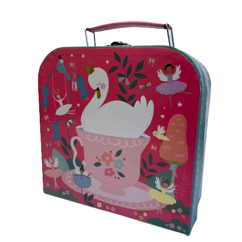 Bright pink childrens cardboard suitcase style box with fairys and swans print.