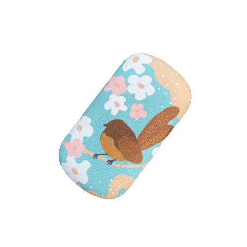 Trinket case with a Fantail resting on a branch with a floral and blue background.