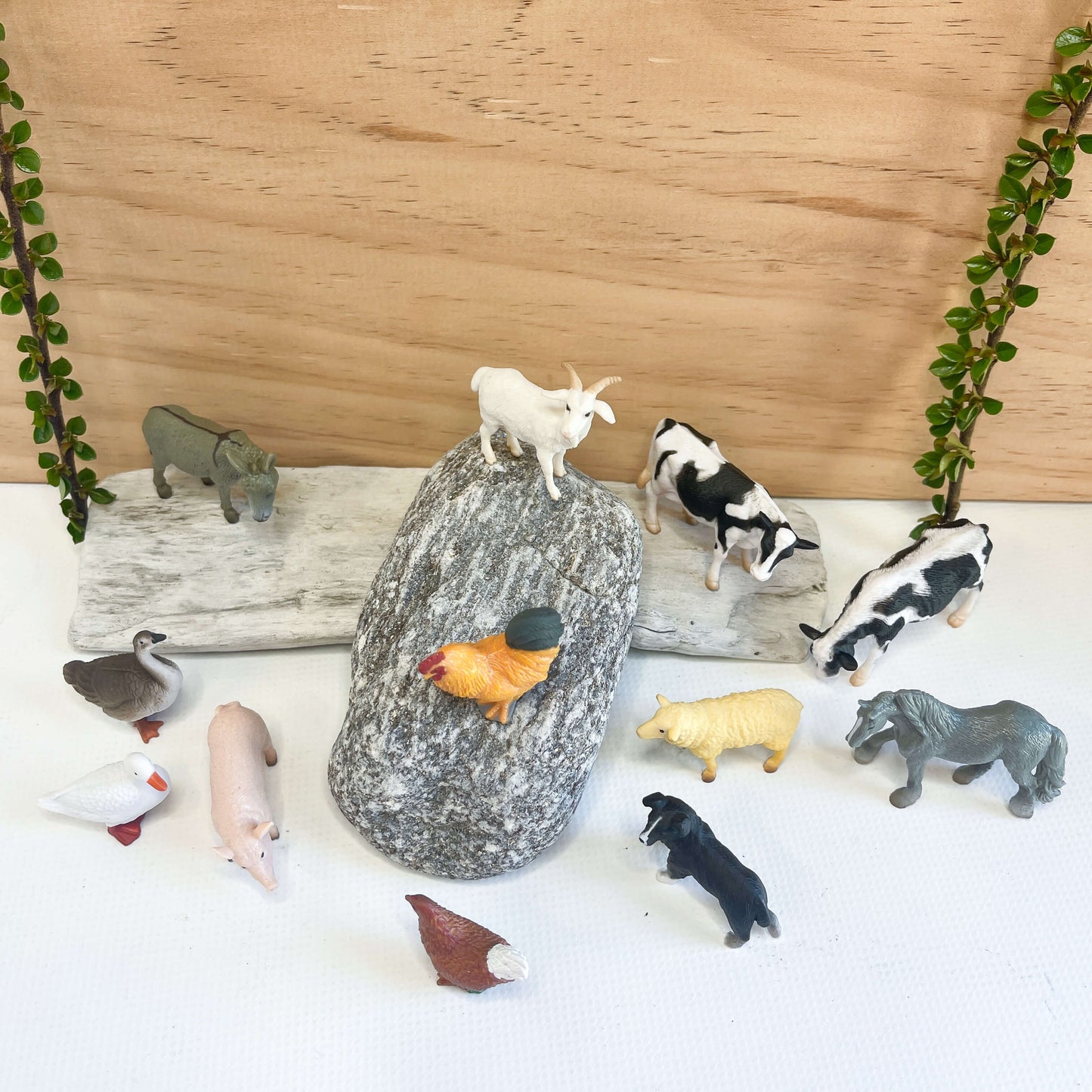 Farm animal figurines.