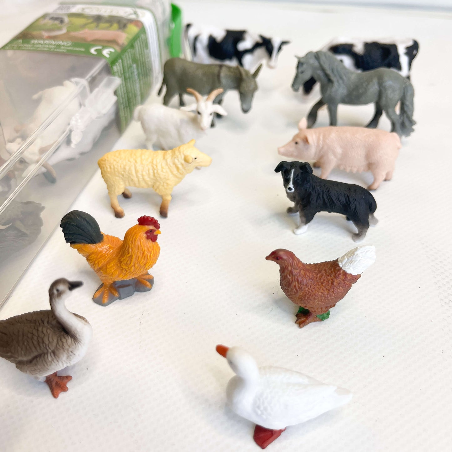 Farm animal figurines.
