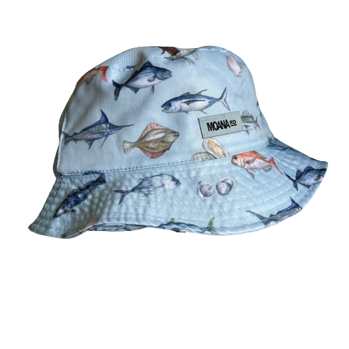 Pale Blue bucket hat with NZ fish printed on it.