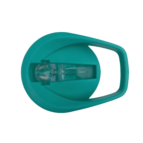 Birds eye view of aqua coloured drink bottle lid and sipper.