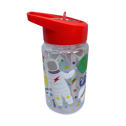 Kids drink bottle with spaceships and astronauts printed on it. Features a red lid with clear sipping tube.