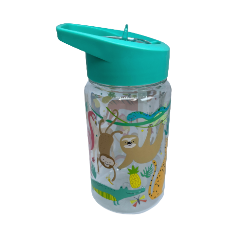 Kids drink bottle with jungle animals printed on it. Features aqua blue lid with clear sipping tube.