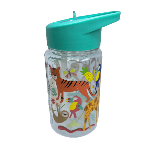 Kids drink bottle with jungle animals printed on it. Features aqua blue lid with clear sipping tube.