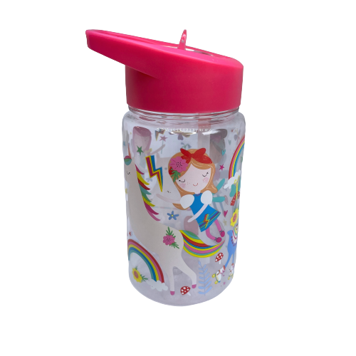 Kids drink bottle with fairies printed on it. Features bright pink lid with clear sipping tube.