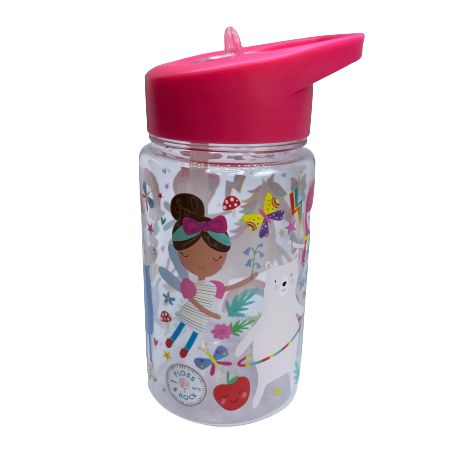 Kids drink bottle with fairies printed on it. Features bright pink lid with clear sipping tube.