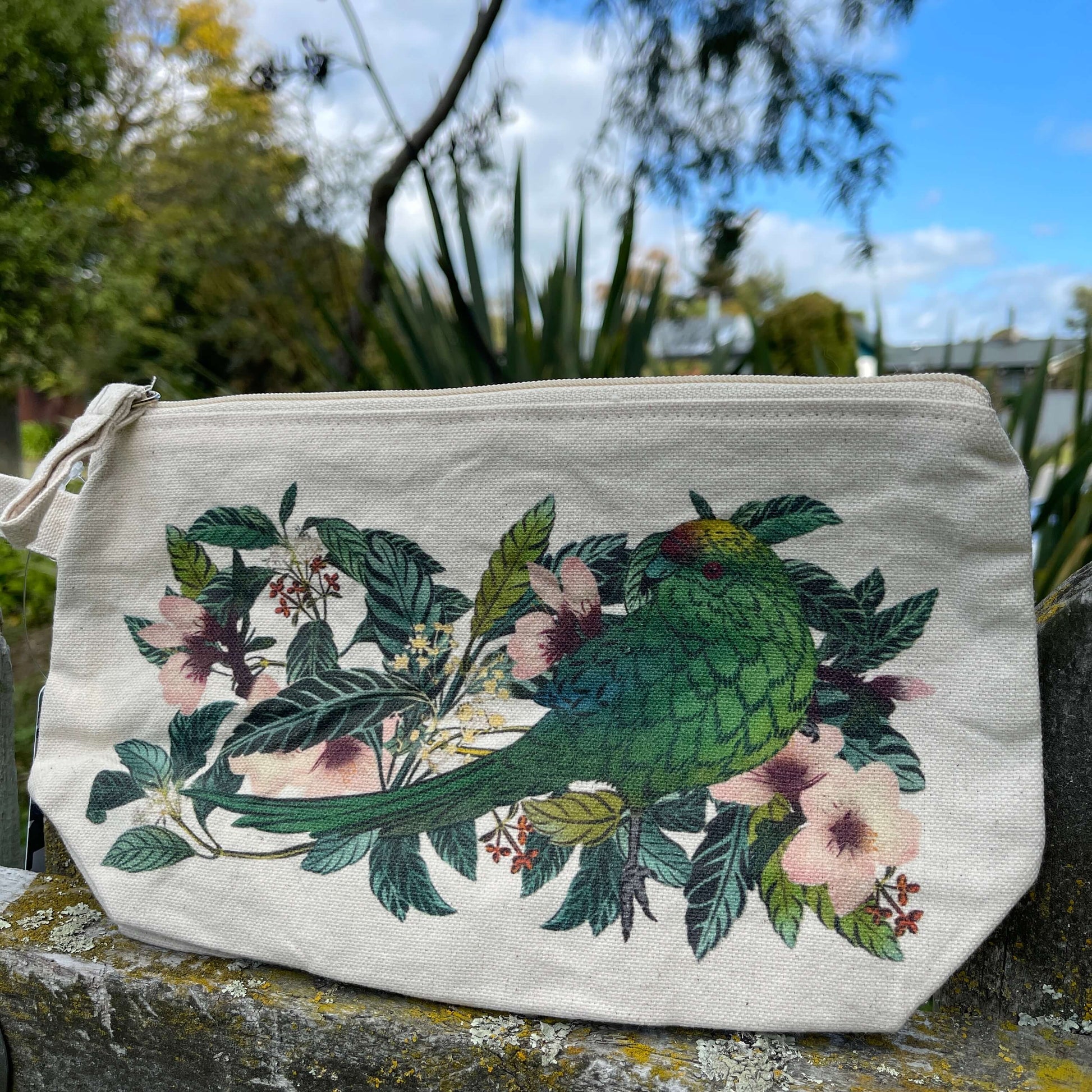 Vibrant Parakeet print on a cotton clutch purse.