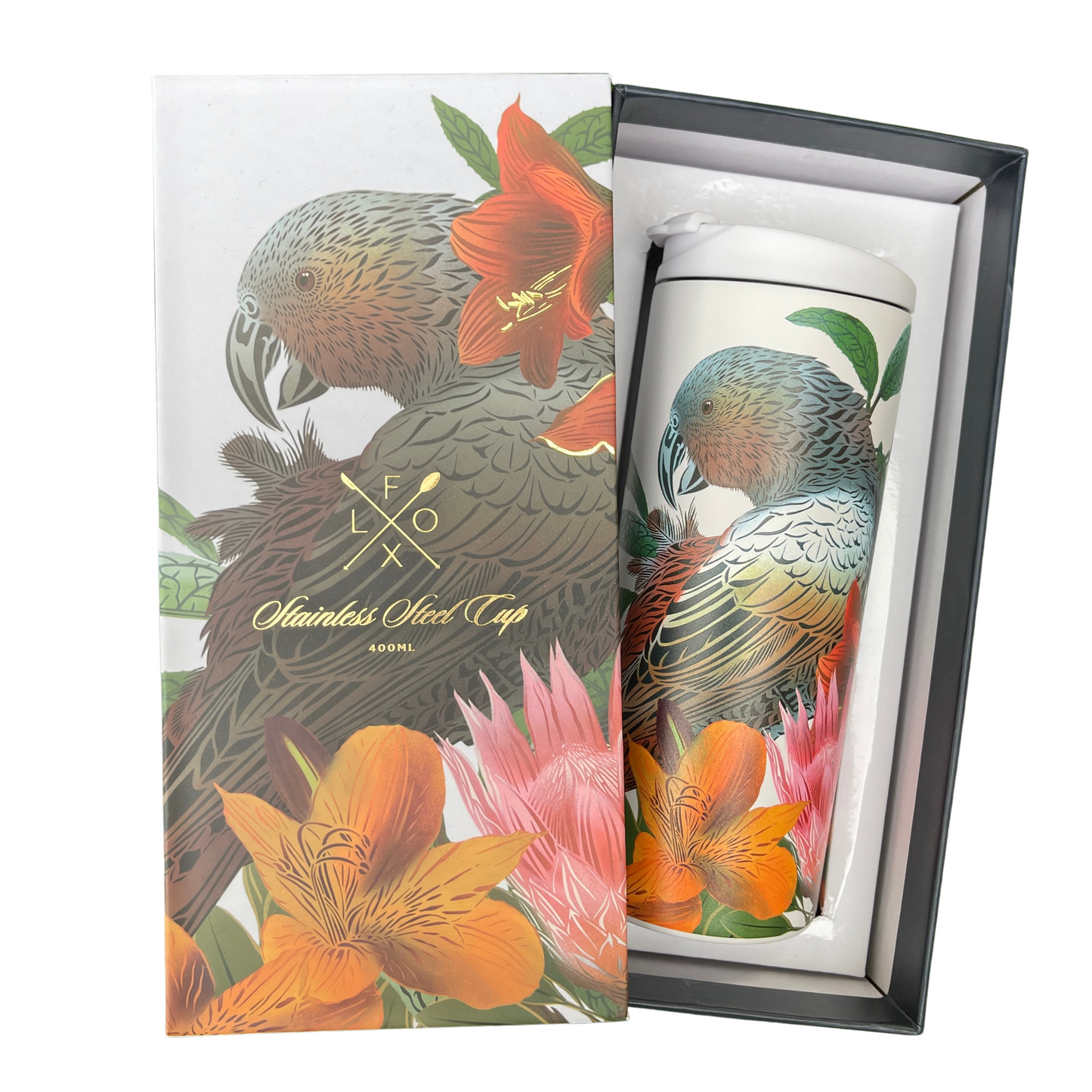 Stainless steel cup with Kaka bird and floral artwork by designer Flox sitting in a deluxe box featuring the same design.