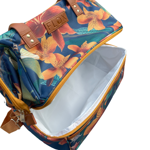 Large navy and orange floral fabric cooler bag slightly ajar.