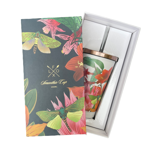 Stainless steel smoothie cup with rose gold lid and straw. Featuring a floral design by artist Flox. Presented in a deluxe box with the same design as the cup.