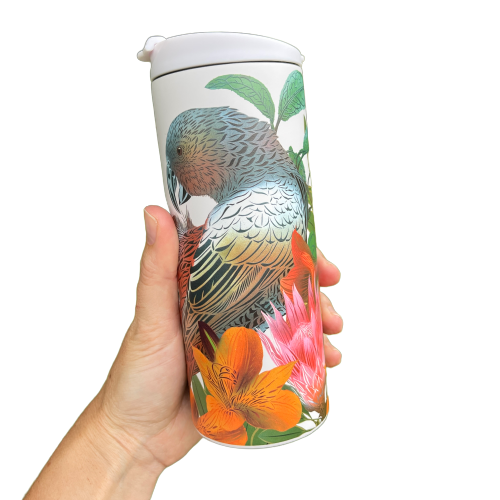 Stainless steel cup with Kaka bird and floral artwork by designer Flox.