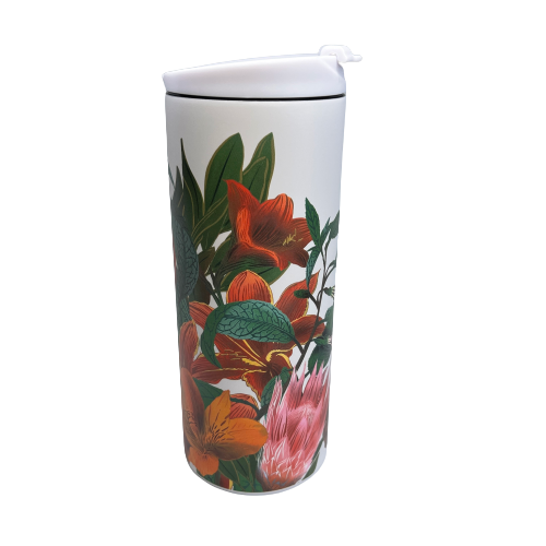 Stainless steel cup with Kaka bird and floral artwork by designer Flox