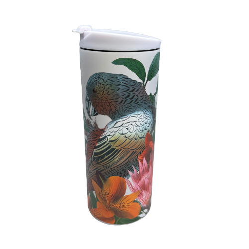 Stainless steel cup with Kaka bird and floral artwork by designer Flox.