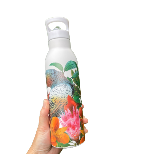 Womens hand holding a white drink bottle featuring artwork of a Kaka bird and flowers.