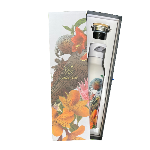 Deluxe water bottle featuring Kaka bird & floral design by artist Flox. Presented in a matching box.