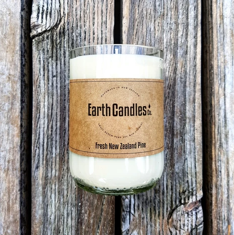 Fresh New Zealand Pine Soy candle. Proudly made in New Zealand by Earth Candles. 360 gram candle in re purposed clear glass bottle.