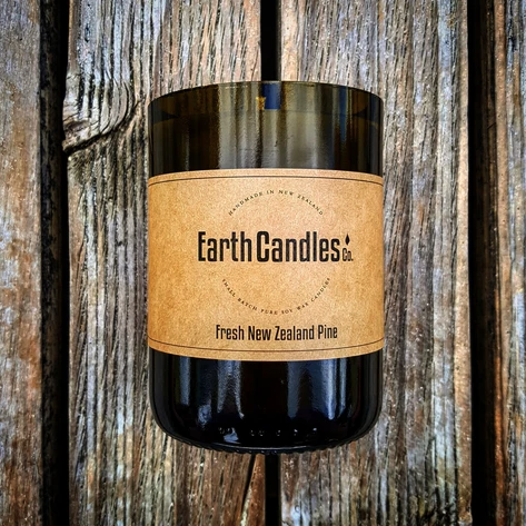 Fresh New Zealand Pine Soy candle. Proudly made in New Zealand by Earth Candles. 360 gram candle in re purposed brown glass bottle.