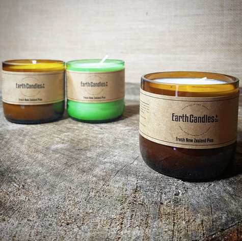 Fresh New Zealand Pine Earth Candles, made in assorted recycled glass bottles. These 100g tealights burn for approximately 25hrs and come in packs of 3 or 6.