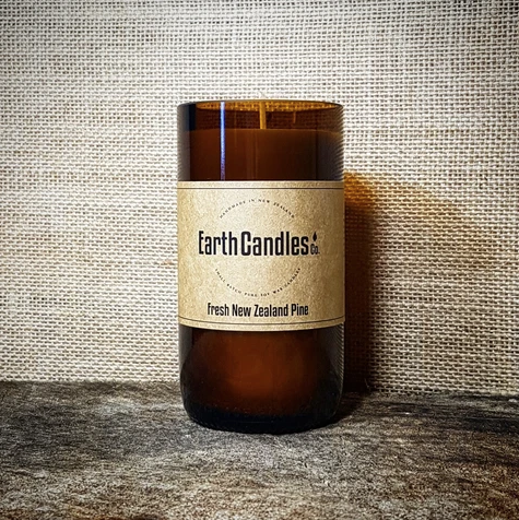 Fresh New Zealand Pine Soy candle. Proudly made in New Zealand by Earth Candles. 200 gram candle in re purposed brown glass bottle.