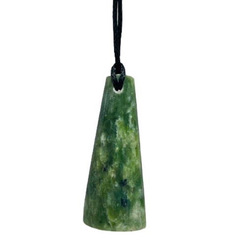 Greenstone freeform pendant on a black wax cord.