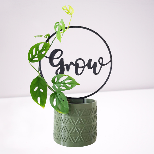 Hoop plant climbing frame with the word grow in  the middle.