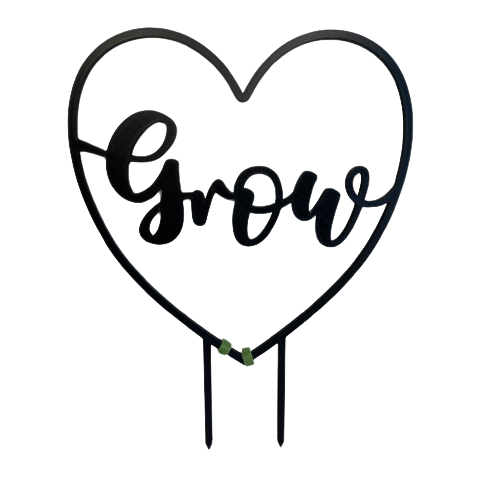 Heart shaped plant climbing frame with the word grow in  the middle.