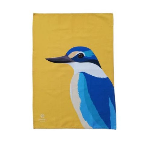 Tea towel with a Kingfisher printed on it.
