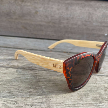 Womens sunglasses with tortoiseshell frame and bamboo arms.