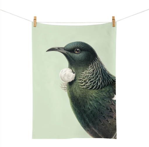 Hushed Green Tui Tea Towel. Made in New Zealand.