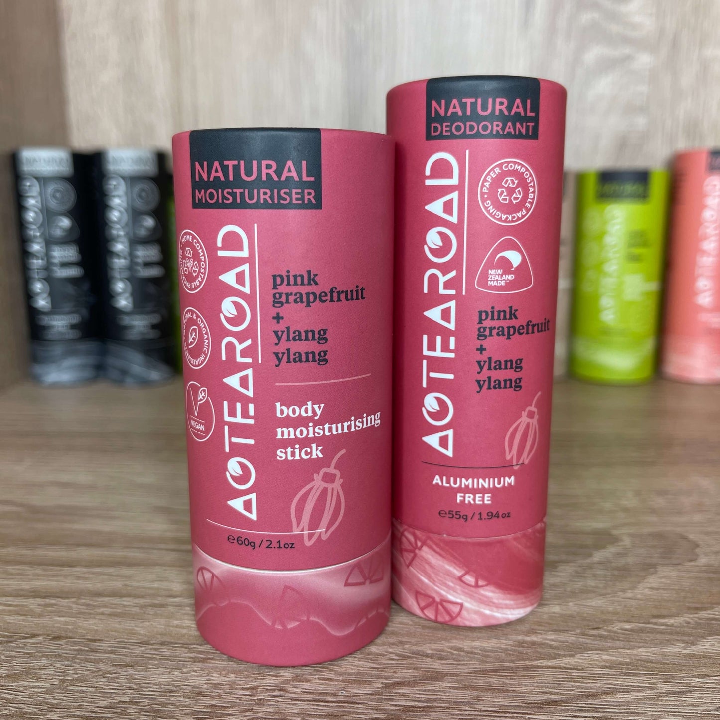 Natural deodorant and moisturiser sticks in pink grapefruit and ylang ylang scent by Aotea Road.