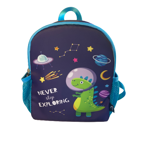 Blue kids backpack with an astronaut dinosaur print and the words "never stop exploring" on it.