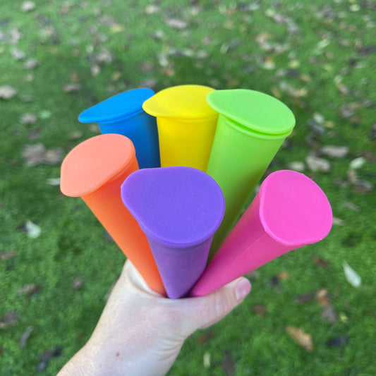 6 Bright coloured silicone iceblock tubes with lids.