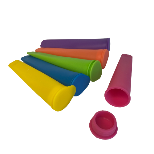 6 Bright coloured silicone iceblock tubes with lids.