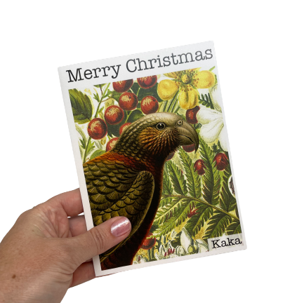 Christmas card with a Kaka bird and flowers.