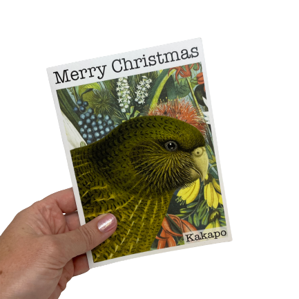 Christmas card with a Kakapo bird and flowers.