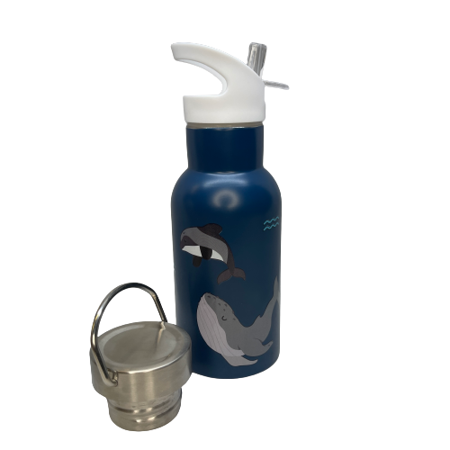 Small kids drink bottle with stainless lid option removed and sitting next to it in dark blue with New Zealand marine life on it.