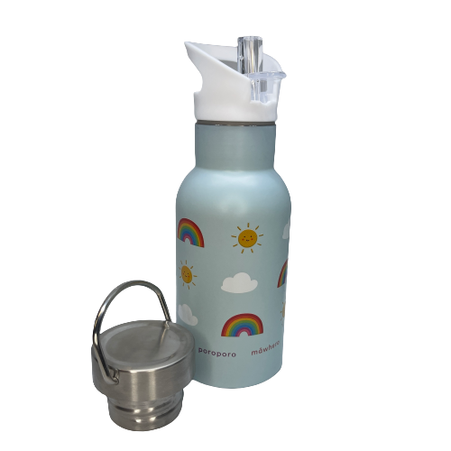 Small kids drink bottle with a sipper top & stainless lid in light blue with rainbows, clouds and smiling suns on it.