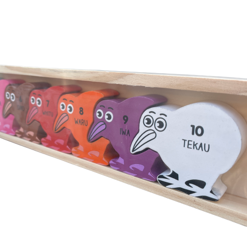 Wooden kiwi number and colours puzzle for kids.