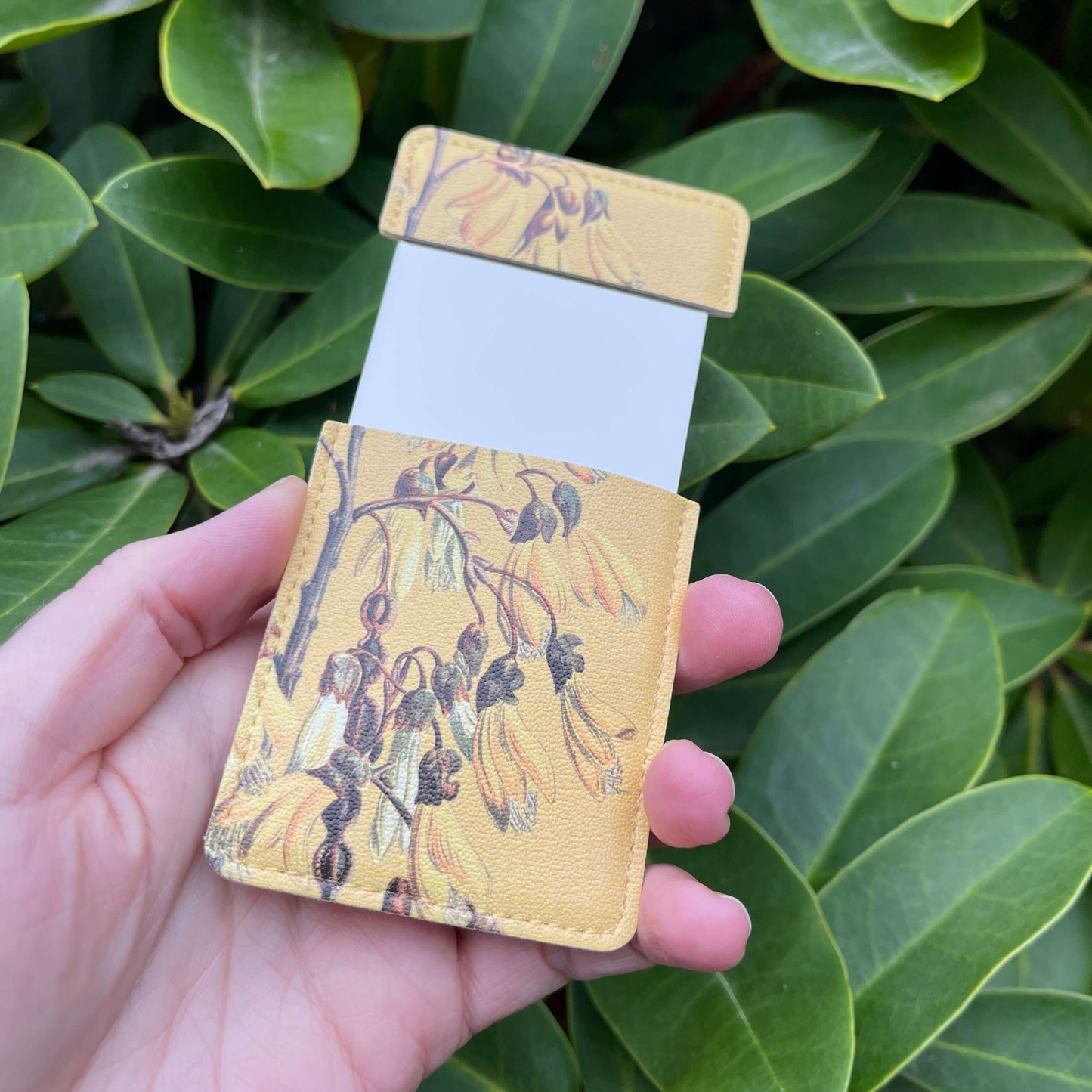 Pocket Mirror - Golden yellow cover with Kowhai flower print.