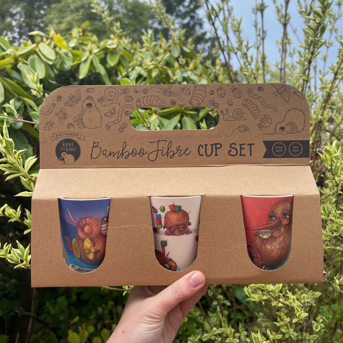 3 piece bamboo kids cup set featuring images of the Kuwi and friends characters.