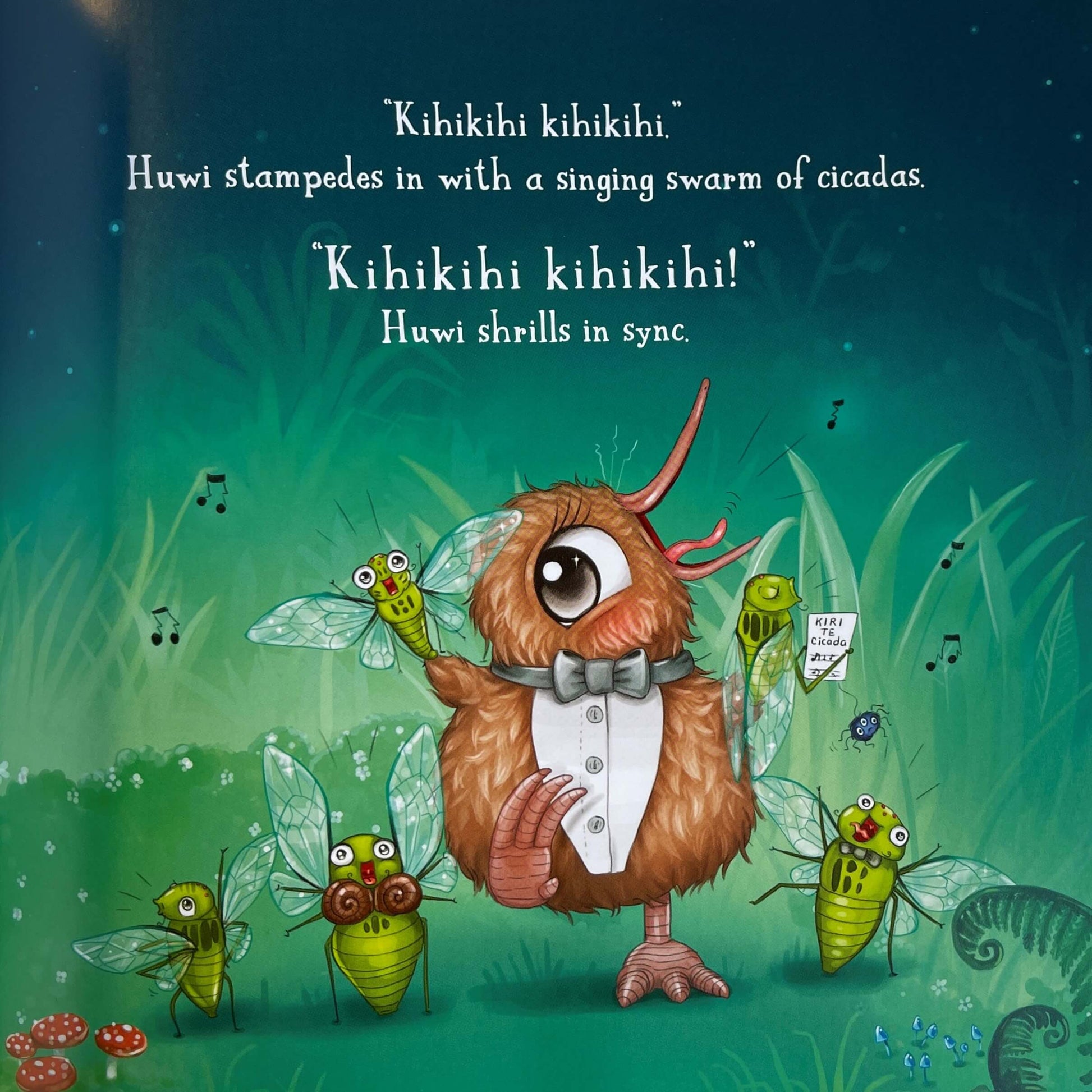 Page from Childrens book Kuwis Rowdy Crowd by Kat Quin.