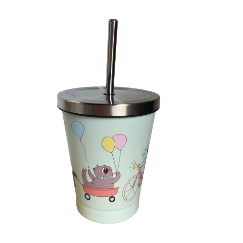 Kuwi and friends character smoothie cup with stainless lid and straw.