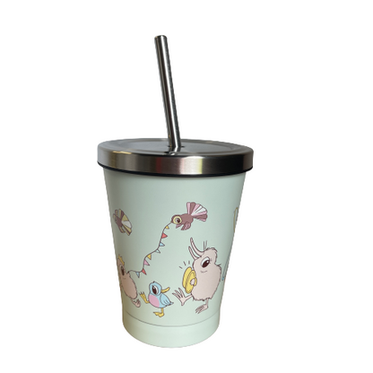 Kuwi and friends character smoothie cup with stainless lid and straw.
