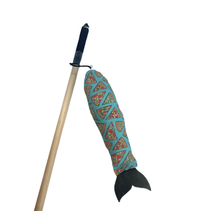 Cat toy fish and fishing rod.