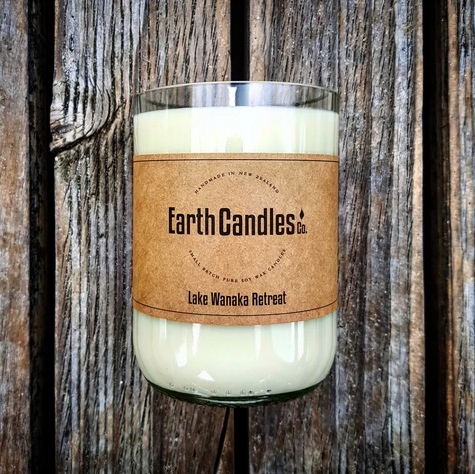 Lake Wanaka Retreat Soy Candle from Earth candles. Proudly made in New Zealand from re purposed bottles. This one is 360 grams